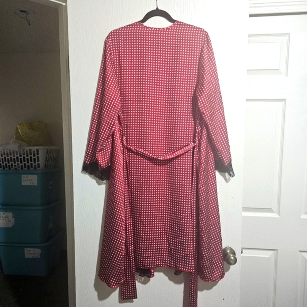 Frederick's of Hollywood Women's Polka Dot Satin and Lace Robe Red and White  XL - Picture 3 of 8